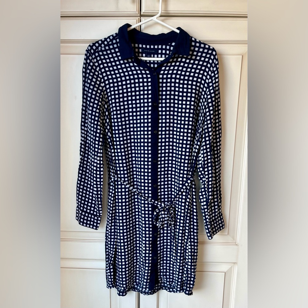Tommy Hilfiger Navy and White Checked Long-Sleeve Shirt Dress with Tie